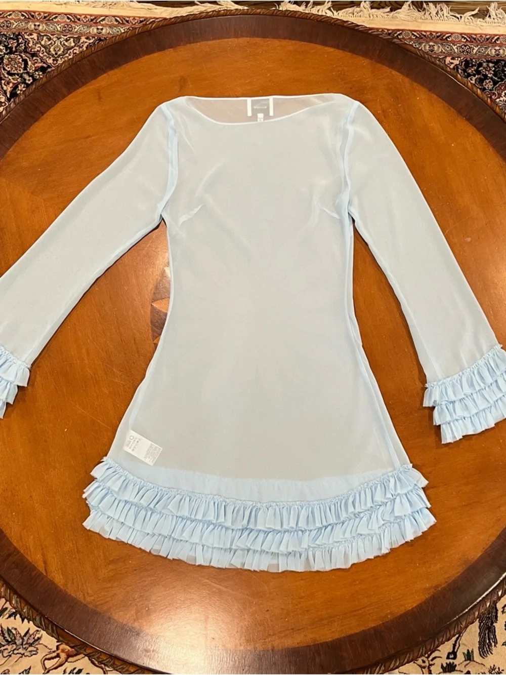 Reformation Avalina Sheer‎ Long-Sleeve Mini Dress Light Blue 4 MISSING SLIP